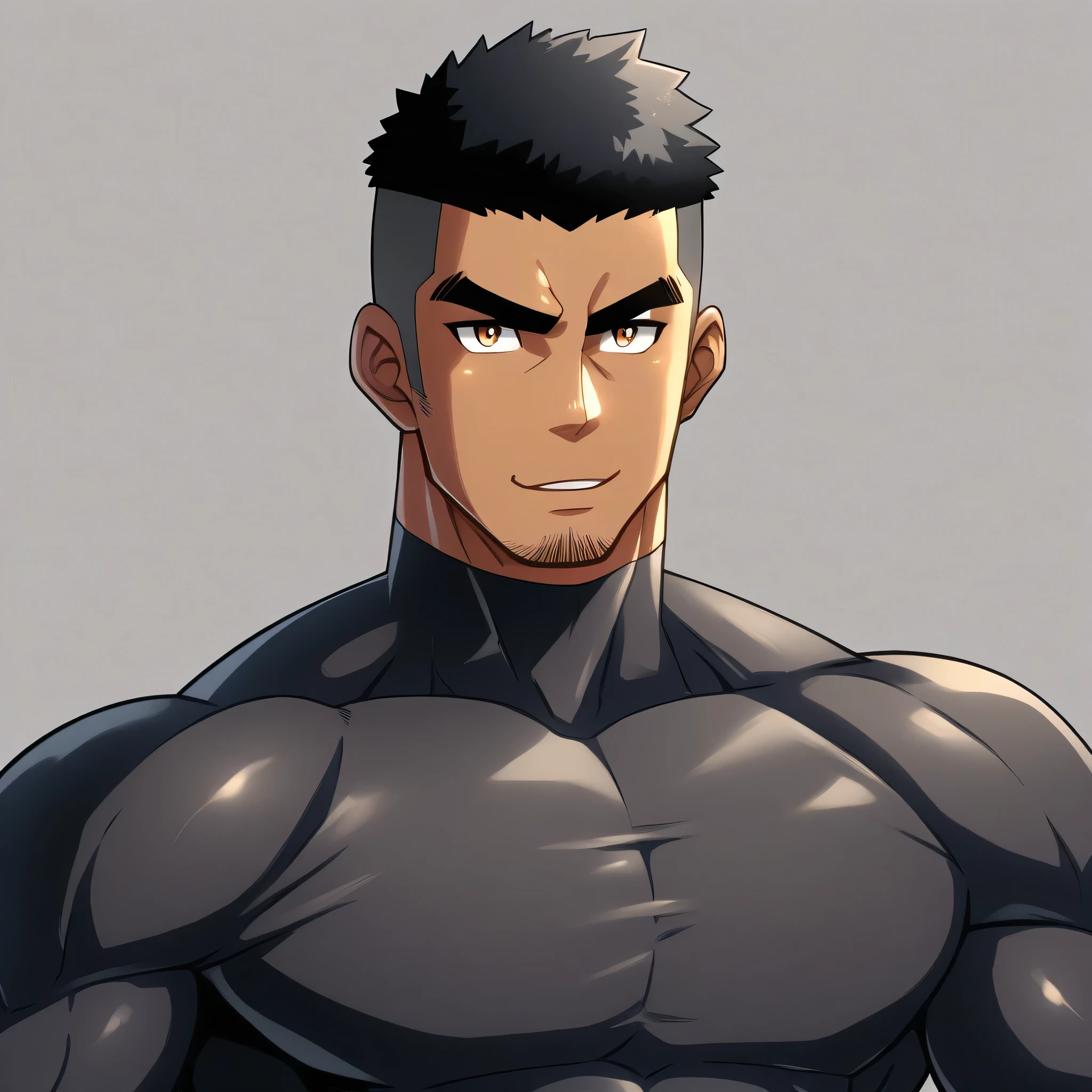 anime characters：Gyee, Muscle Sports Student, negro black skin, 1 dark skin muscular tough guy, Manliness, male focus, Dark Brown high collar long sleeve wetsuit, Matte texture, Very tight, Round, full and perky chest muscles, Slightly transparent, muscular male, muscular, only, Upper body, alone, Black short hair, Thick eyebrows, stubble, Brown eyes, Grey background, simple background, amazing quality, best aesthetics, Ridiculous, bright pupils, crew cut, parted lips, seductive smile, torogao, naughty face,  best quality