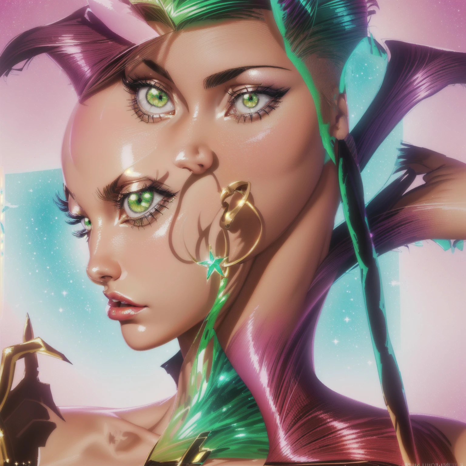 Master Piece, best quality, (extremely detailed CG unity 8k wallpaper), (best quality) 8k detail. painting of a beautiful woman with slick pulled back hair, green eye shadow, green eye lashes,  shiny red star diamond hoop earing. red glossy lips,  illustrated by Paris Karounos