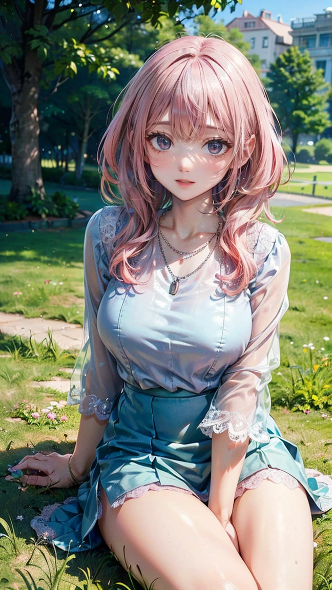 (Masterpiece, BestQuality:1.3), (ultra detailed:1.2), (hyperrealistic:1.3), (RAW photo:1.2), High detail RAW color photo, professional photograph, (Photorealistic:1.4), (realistic:1.4), (Pink Hair:1.5), professional lighting, perfect anatomy, (Big Breasts:1.2), (blush, detailed face), (A happy smile:1.7), sexly, erotic sexly, Random sexy gravure poses, (Beautiful woman wearing a pastel blue lace blouse and mini skirt、A smile blown by the wind on top of a hill、Silver necklace、Sitting on the grass。:1.3)