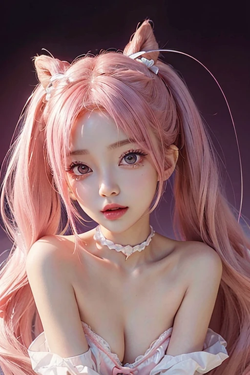 One Girl,（Captivating quality：1.4），（Highest quality authentic textured skins), Delicate face,Pink twin tail hair, Perfect body：1.1），Heart-shaped choker、Long eyelashes,Clear Eyes,Hyper HD, Tabletop，Keep dreaming,Fantasy Space，Pink Background,Mouth closed,bright,anime

