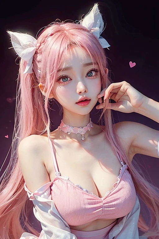 One Girl,（Captivating quality：1.4），（Highest quality authentic textured skins), Delicate face,Pink twin tail hair, Perfect body：1.1），Heart-shaped choker、Long eyelashes,Clear Eyes,Hyper HD, Tabletop，Keep dreaming,Fantasy Space，Pink Background,Mouth closed,bright,anime
