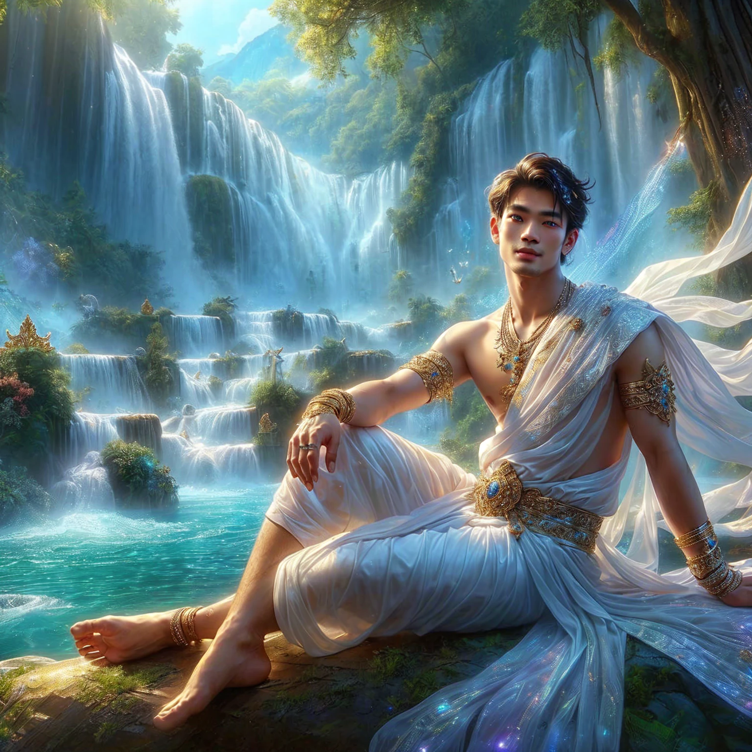 Thai man, white dress, ornate gold jewelry. , god god , very handsome