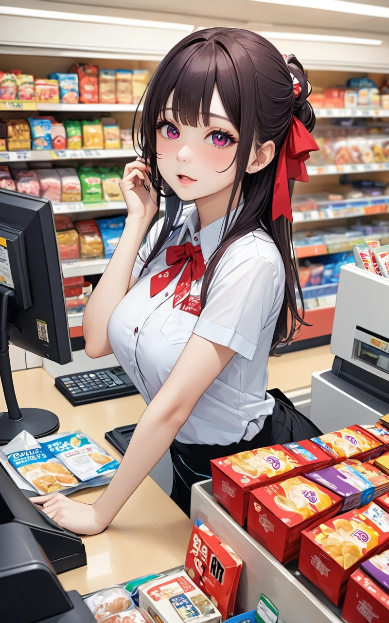 Highest quality、super high quality、16K, Delicious 、Facial expressions are random、The place is a convenience store、 Her hair color is red、The pose is of a person working at the cash register at a convenience store.、The distance is random、Angles are random、Small face、Very delicate facial expressions、Delicate eye depiction、Highly detailed hair、Erotic、r-old female、Glowing Skin、Soft Skin、The only sexy Japaneseman、The clothes are random convenience store clerks、1 female、