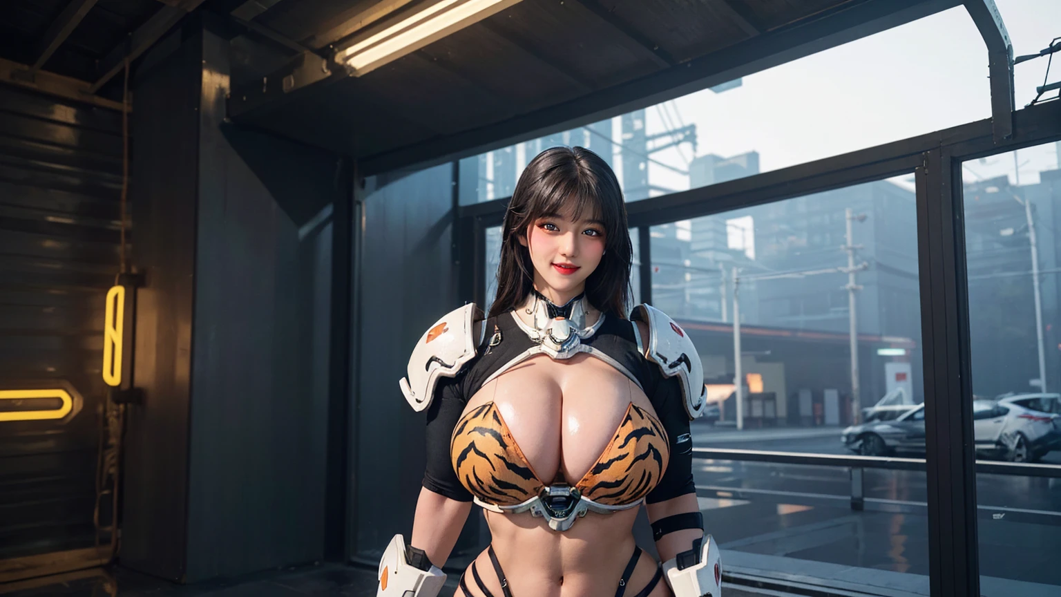 Solo, Stand Up Straight, Physically-based Rendering, Unreal Engine 5 Render, Jealous, (look Half Body:1.5), ((muscle And Bbw Body Type:1.4)), beautifull Breasts,((cleavage, nude Busty & Gigantic fake Breasts:1.5)), (expose 11 line Abs:1.4), (Huge Hips:1.3), ((beautiful Cyborg Woman, Orange neon line+Futuristic breastplate Tiger beast armor from OVERWATCH 2, Guard Arms, Gloves:1.5)), (close Up Upper Body), ((pale Skin+Body Oiled:1.3)), (clean Glossy Bodyskin:1.4), (background Futuristic Space Station:1), (bokeh, photorealsitic:1.4), (ultra-detailliert), (top-quality:1), (best Shadows), Bright Light In Room, Hyper Texture, (4x Msaa), ((unreal Engine 5 Render)), (neon), Physically-based Rendering, Ultra Hight Definition, 16k, 1080p, Beauty Model, 4k Resolution.