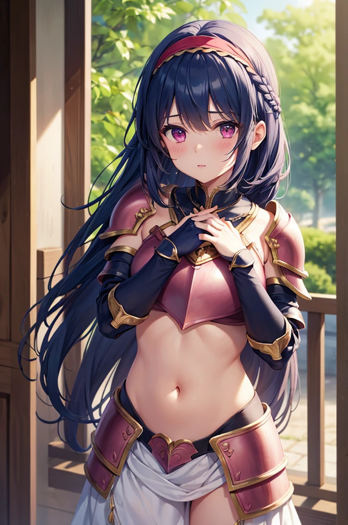 Lapisfe, One girl, alone, View your viewers, blush, bangs, gloves, Upper Body, Braiding, hair band, Outdoor, Part your lips, null, Day, Raise your hand, Pink Eyes, armor, wood, Covered navel, Blurred Background, Place your hand on your chest, shoulder armor, side Braiding, breastplate, red armor