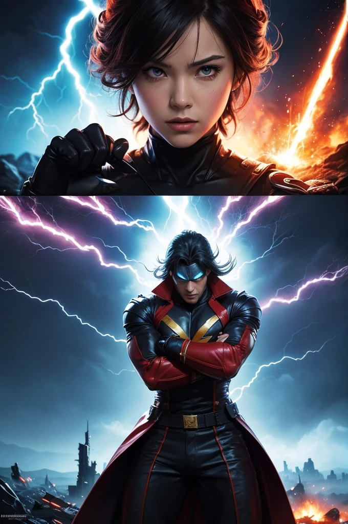 Use images of iconic movie heroes and villains, anime and comics. Use vibrant, contrasting colors to draw attention. Include elements like explosions, lightning strikes, and visual effects that refer to the characters’ powers.