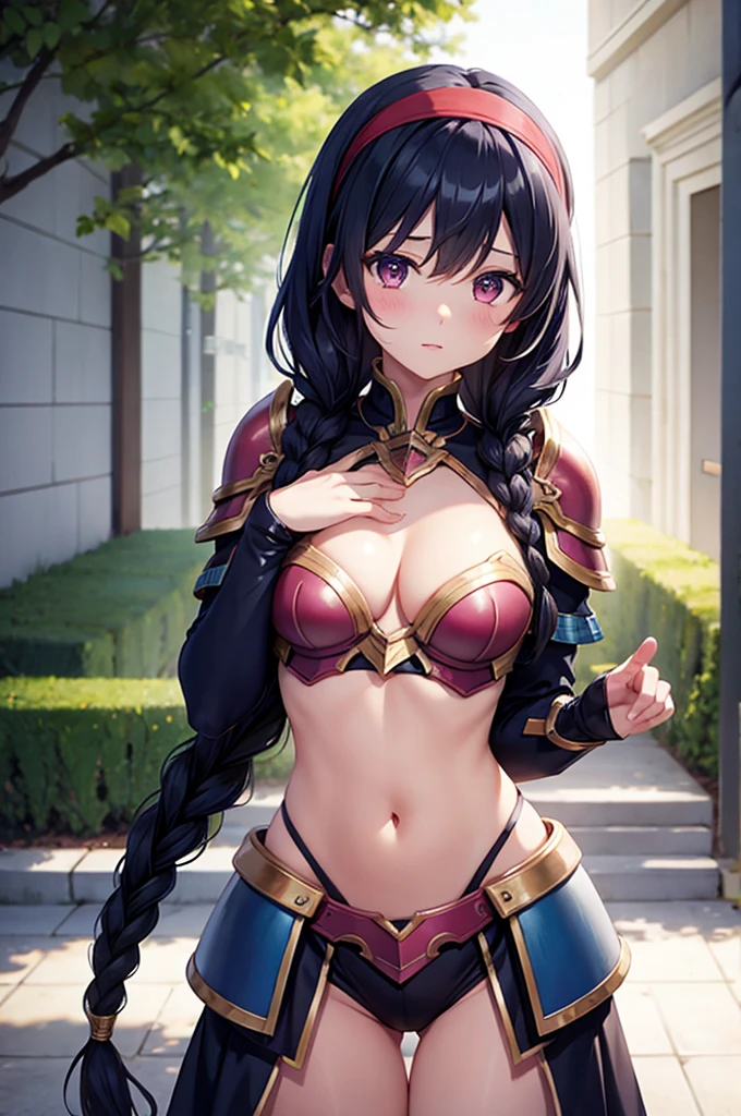 Lapisfe, One girl, alone, View your viewers, blush, bangs, gloves, Upper Body, Braiding, hair band, Outdoor, Part your lips, null, Day, Raise your hand, Pink Eyes, armor, wood, Covered navel, Blurred Background, Place your hand on your chest, shoulder armor, side Braiding, breastplate, red armor