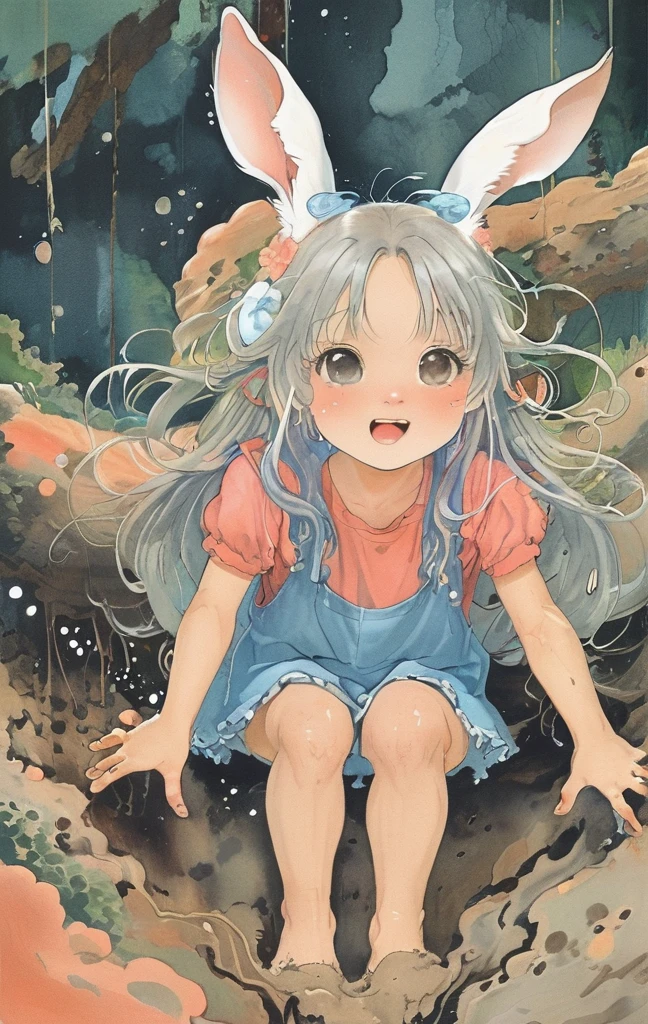beautiful illustration, best quality, cute girl, bedroom, pastel color, fluffy bunny ears, , silver long hair, alert! Dive into the messy and joyful theme of "Playing in Mud" (Playing in the mud). Capture the pure delight and uninhibited fun of people or animals splashing, building, and getting covered in mud.