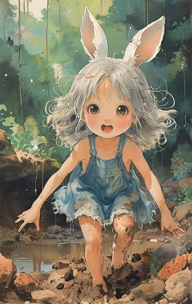 beautiful illustration, best quality, cute girl, bedroom, pastel color, fluffy bunny ears, , silver long hair, alert! Dive into the messy and joyful theme of "Playing in Mud" (Playing in the mud). Capture the pure delight and uninhibited fun of people or animals splashing, building, and getting covered in mud.