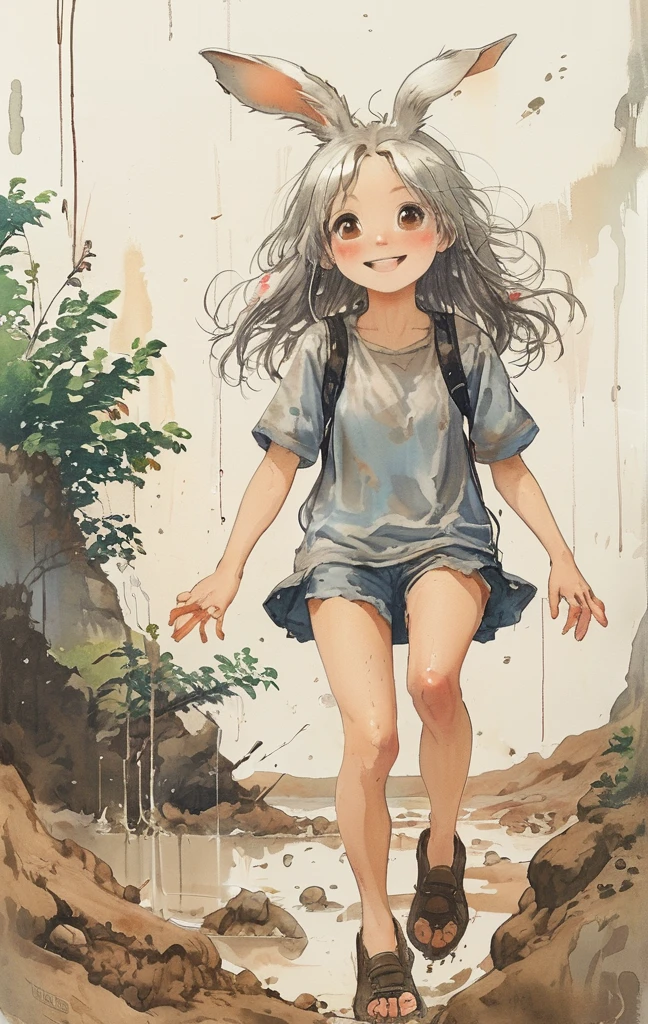 beautiful illustration, best quality, cute girl, bedroom, pastel color, fluffy bunny ears, , silver long hair, alert! Dive into the messy and joyful theme of "Playing in Mud" (Playing in the mud). Capture the pure delight and uninhibited fun of people or animals splashing, building, and getting covered in mud.