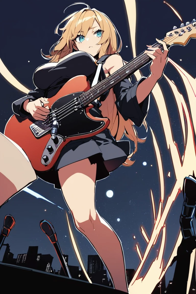 1 Girl, Play the guitar,  , night, contour, From below, Separate sleeves , Asymmetrical Leg Clothing, fender mustang, crop,  