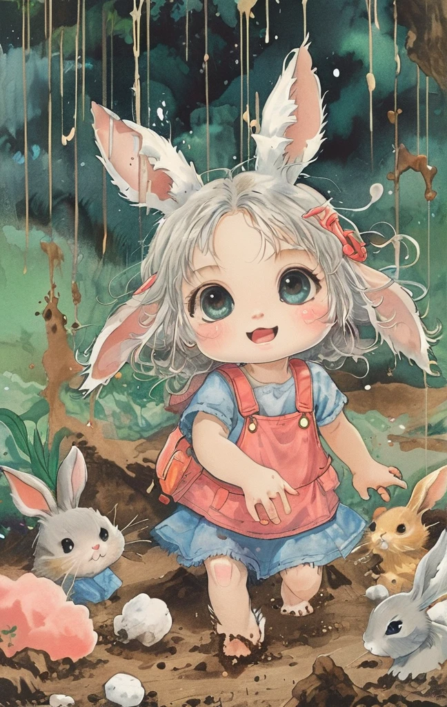 beautiful illustration, best quality, cute girl, bedroom, pastel color, fluffy bunny ears, , silver long hair, alert! Dive into the messy and joyful theme of "Playing in Mud" (Playing in the mud). Capture the pure delight and uninhibited fun of people or animals splashing, building, and getting covered in mud.