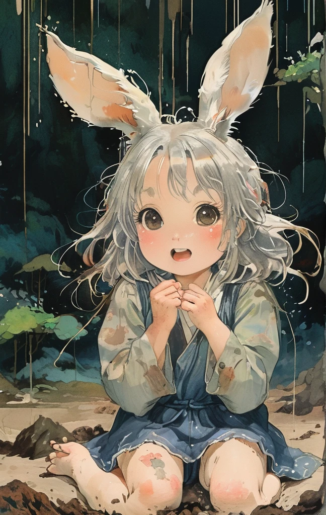 beautiful illustration, best quality, cute girl, bedroom, pastel color, fluffy bunny ears, , silver long hair, alert! Dive into the messy and joyful theme of "Playing in Mud" (Playing in the mud). Capture the pure delight and uninhibited fun of people or animals splashing, building, and getting covered in mud.