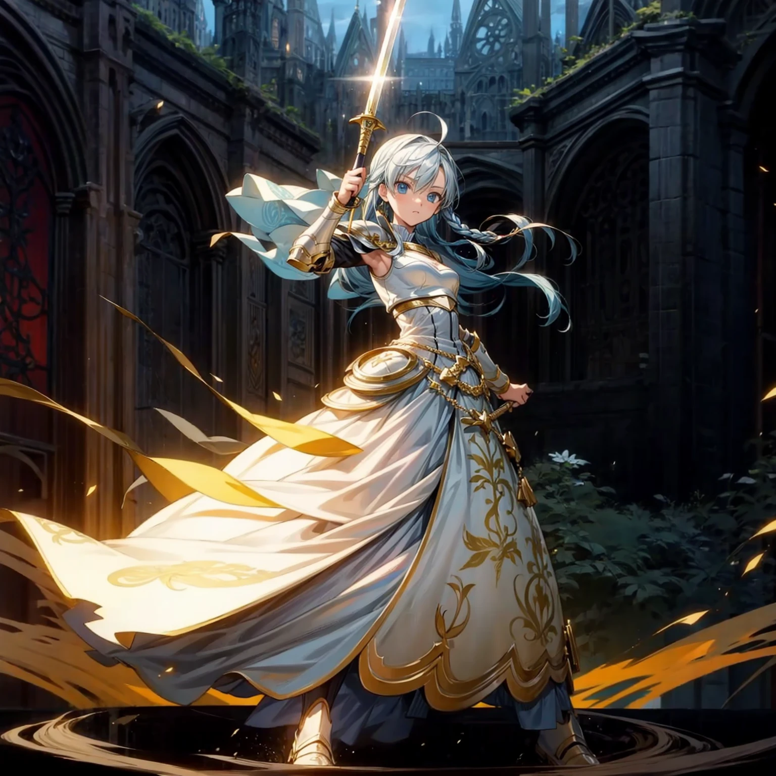 1girl, Full body version, 1character, children version, blue eyes color, long haircut, white colour hair, formal style clothing, medieval gold armour, one gold sword in hand, Grassroots, background in green field, motion blur, battle gesture, lighting sword, smoke, fire lighting, fire, masterpiece,  (Hunter x Hunter style)