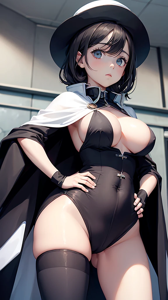 (masterpiece, best quality:1.2), from below, solo, 1girl, ozen, expressionless, closed mouth, looking at viewer, hands on hips, black jacket, cape, black pants, black gloves, big breast