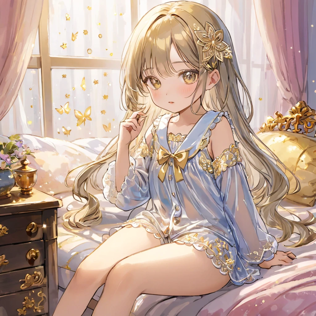 8-year-old girl, 1people、Pajamas、Gold and silver thread embroidery、Wearing semi-transparent bloomers that reach down to the knees、Translucent slip