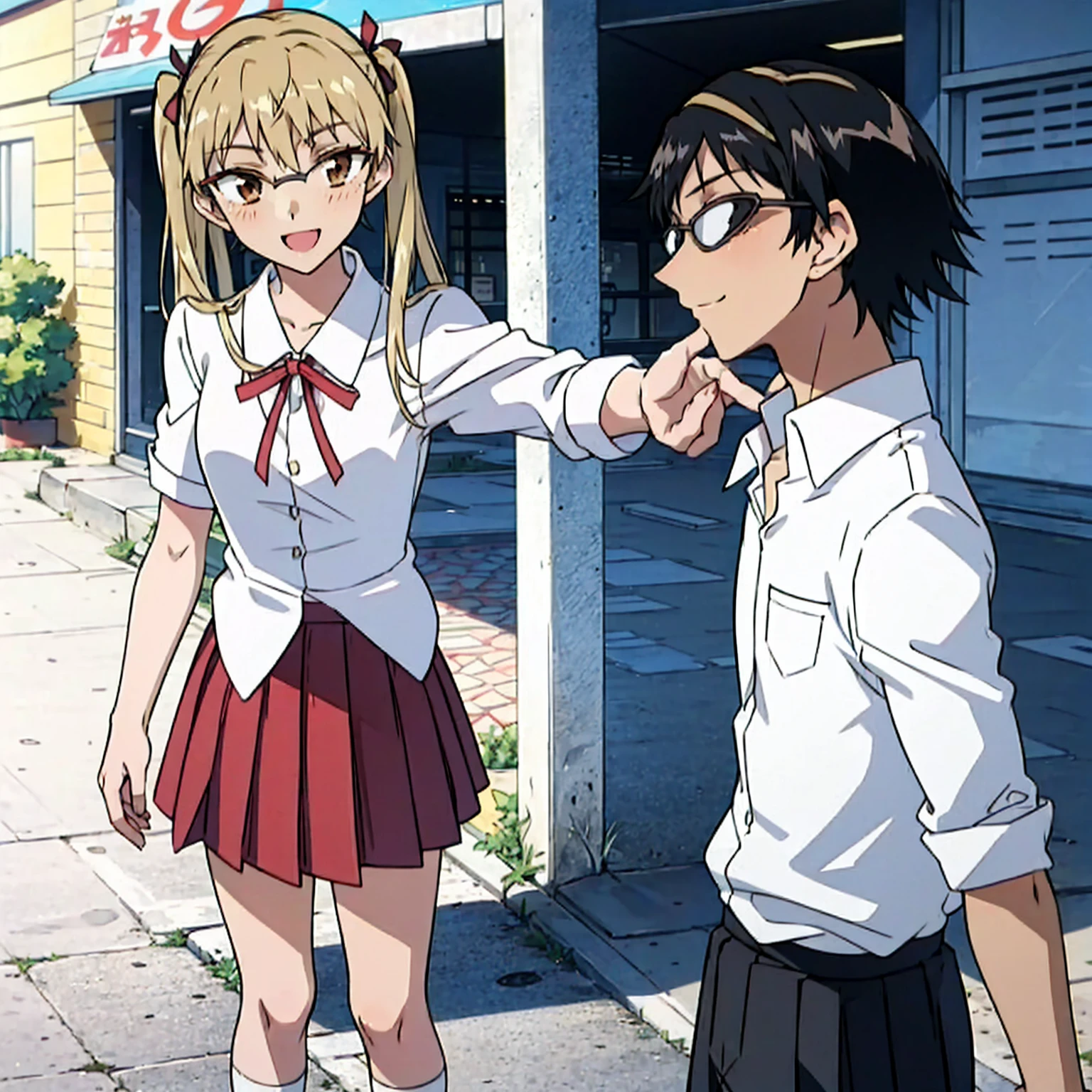 1 boy and 1 girl stand in the street,twintails,sawachika eri, brown eyes, hair ribbon,harimakenji, glasses, ,school uniform, red pleated skirt,eri,hairband, looking_at_viewer, serious, gakuran, white_shirt,smile,happy,two persons