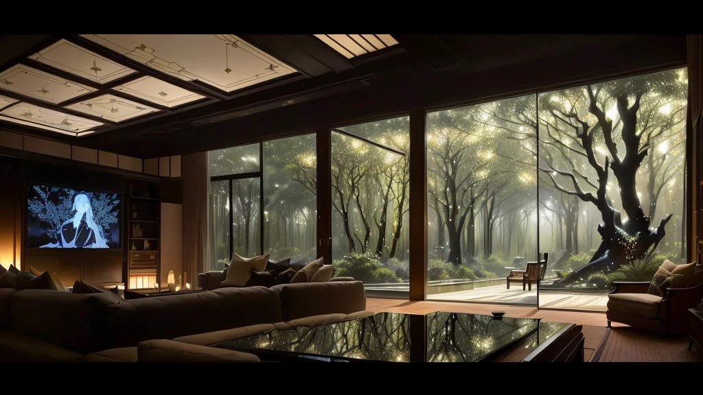 The living room has a large-screen TV and a fireplace., The forest can be seen through the large windows at night, Luxurious environment, Inspired by Yoshio Markino, glass wall, sparse field, Japanese glass house, Intricate sparkling atmosphere, Stunning art masterpiece, Luxurious interior environment, living room, Huge glass ceiling, 8k Highly Detailed Art, High-quality images