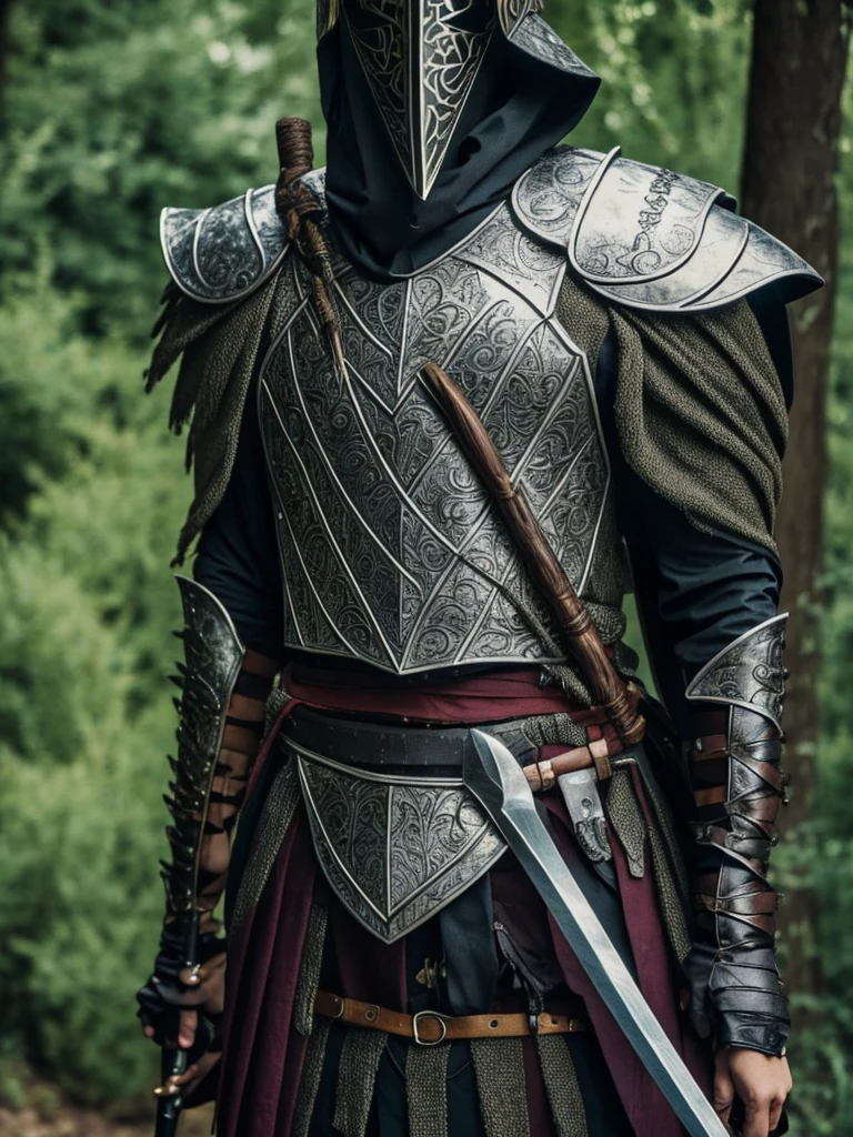 killer man, with an enchanted runic sword on his back, and is leaning against a tree with twisted black dick, He is also wearing a straw-colored cloth mask covering half of his mouth.. He is wearing a fabric outfit with very small parts of well-worn and silvery armor., he also has short hair, black and wavy, sem pelos faciais, approximately 19 years old. He is serious and has a dagger in his hand.