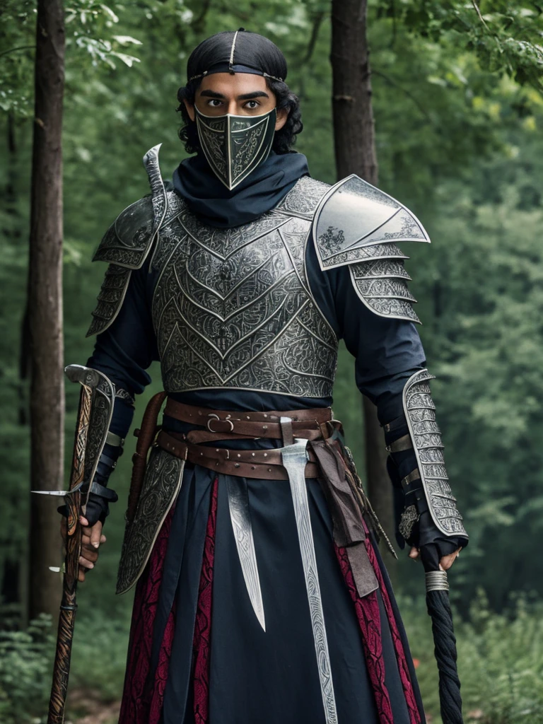 killer man, with an enchanted runic sword on his back, and is leaning against a tree with twisted black dick, He is also wearing a straw-colored cloth mask covering half of his mouth.. He is wearing a fabric outfit with very small parts of well-worn and silvery armor., he also has short hair, black and wavy, sem pelos faciais, approximately 19 years old. He is serious and has a dagger in his hand.