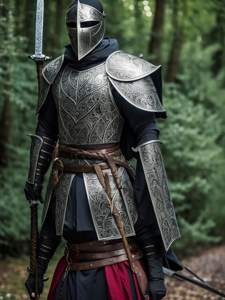 killer man, with an enchanted runic sword on his back, and is leaning against a tree with twisted black dick, He is also wearing a straw-colored cloth mask covering half of his mouth.. He is wearing a fabric outfit with very small parts of well-worn and silvery armor., he also has short hair, black and wavy, sem pelos faciais, approximately 19 years old. He is serious and has a dagger in his hand.