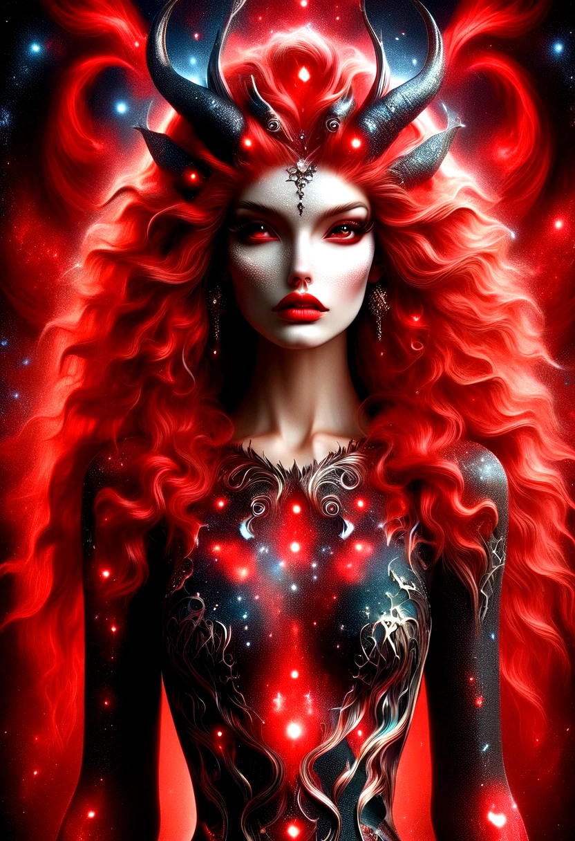 ragingnebula,high quality , dress made out of black stars, close up photo of very seductive red lips,sexy,beautiful,realistic,lifelike,studio photo,highly detailed,beautiful highly detailed eyes, dreamcore, Illustrations in the style of fantasy mythology, ultra realistic illustration, complementary colors