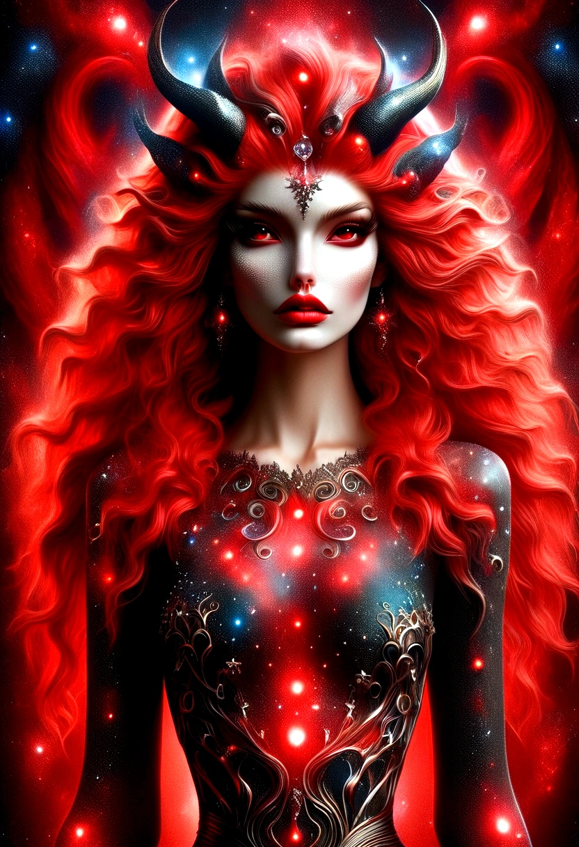 ragingnebula,high quality , dress made out of black stars, close up photo of very seductive red lips,sexy,beautiful,realistic,lifelike,studio photo,highly detailed,beautiful highly detailed eyes, dreamcore, Illustrations in the style of fantasy mythology, ultra realistic illustration, complementary colors