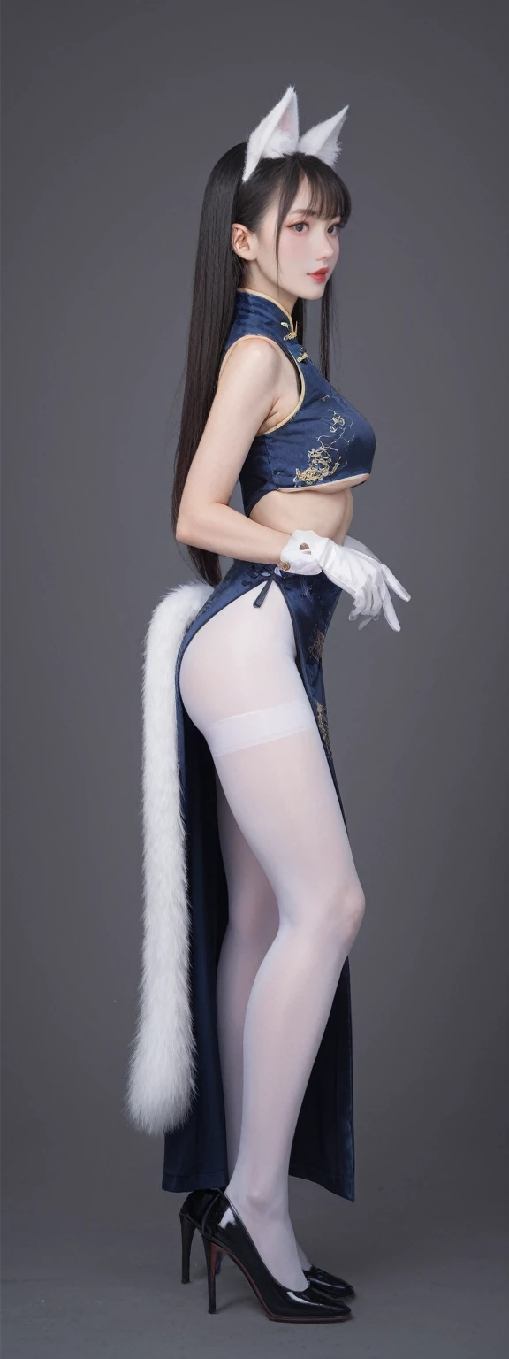 realistic,score_9, score_8_up, score_7_up, 
1girl, solo, long hair, gloves, dress, animal ears, standing, tail, full body, gloves, high heels, chinese clothes, footwear, china dress, white pantyhose, from side, UnderBoob,