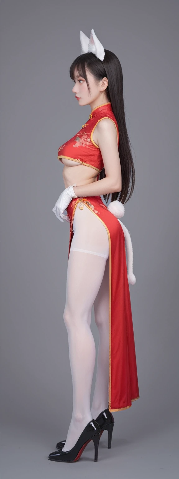 realistic,score_9, score_8_up, score_7_up,
1girl, solo, long hair, gloves, dress, animal ears, standing, tail, full body, gloves, high heels, chinese clothes, footwear, china dress, white pantyhose, from side, UnderBoob,