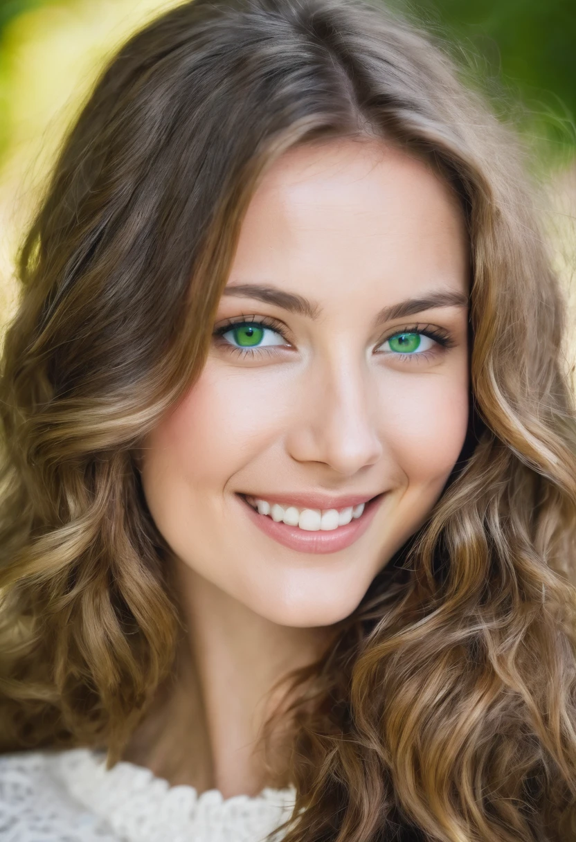 color portrait beautiful woman 25 years old light brown hair long wavy hair white green eyes staring at camera smiling