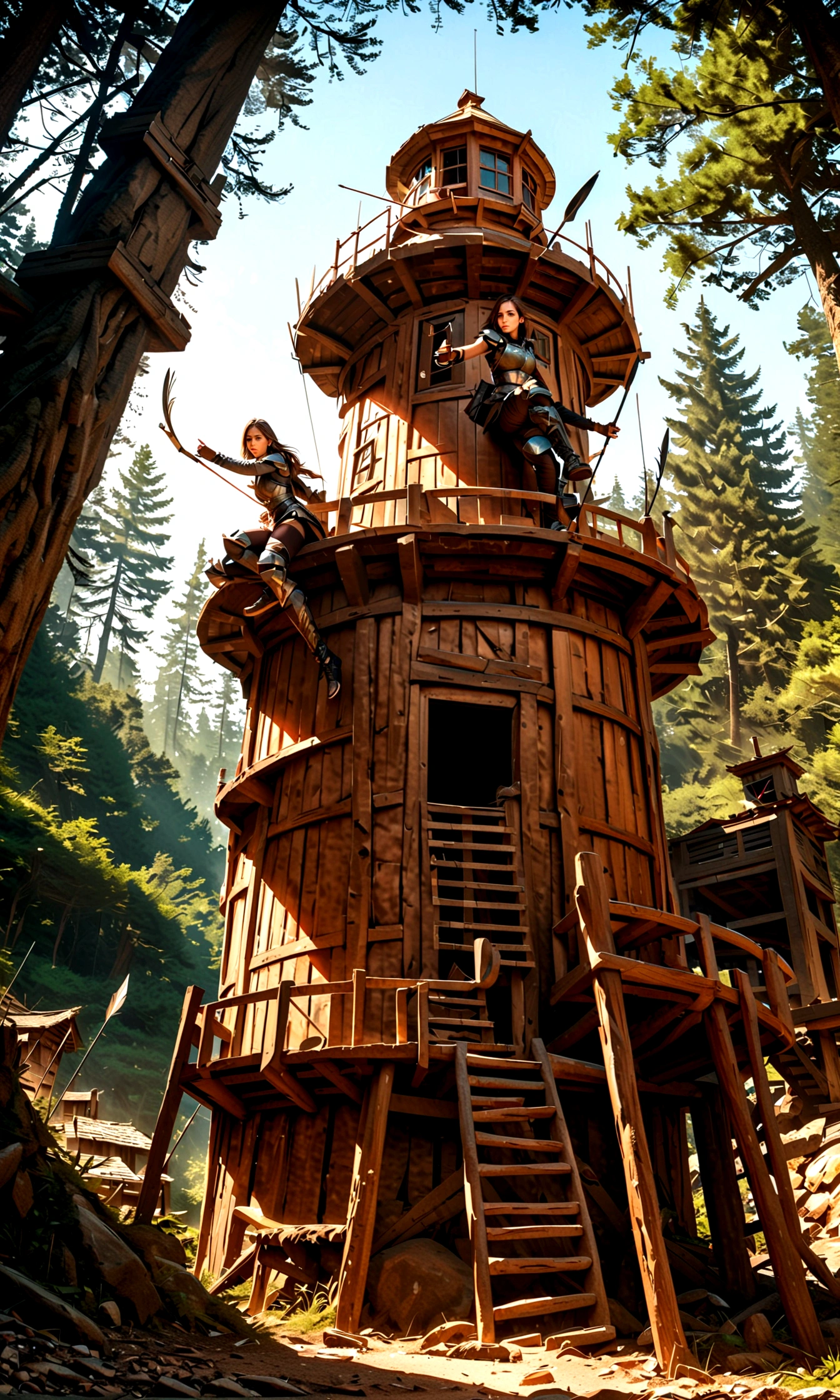 Female (agile, light armor, bow and arrows, determined expression), BREAK, background (forest, watchtower, day), BREAK, quality (8k, ultra HD, highly detailed, photo-realistic, cinematic lighting, masterpiece)