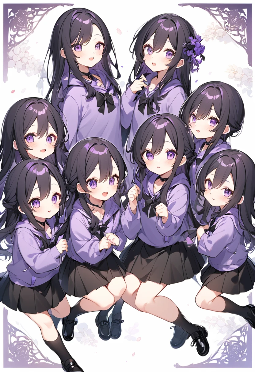 Keito。Purple hoodie。Black Skirt。Purple Eyes。Black Hair。Black shoes下。Black shoes。6 sistery eldest daughter has lavender hair.。all female。Sextuplets