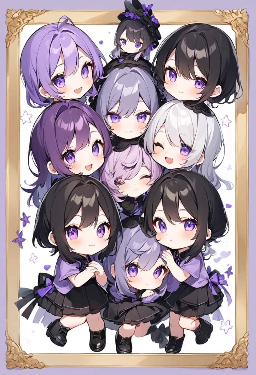 Keito。Purple hoodie。Black Skirt。Purple Eyes。Black Hair。Black shoes下。Black shoes。6 sistery eldest daughter has lavender hair.。all female。Sextuplets