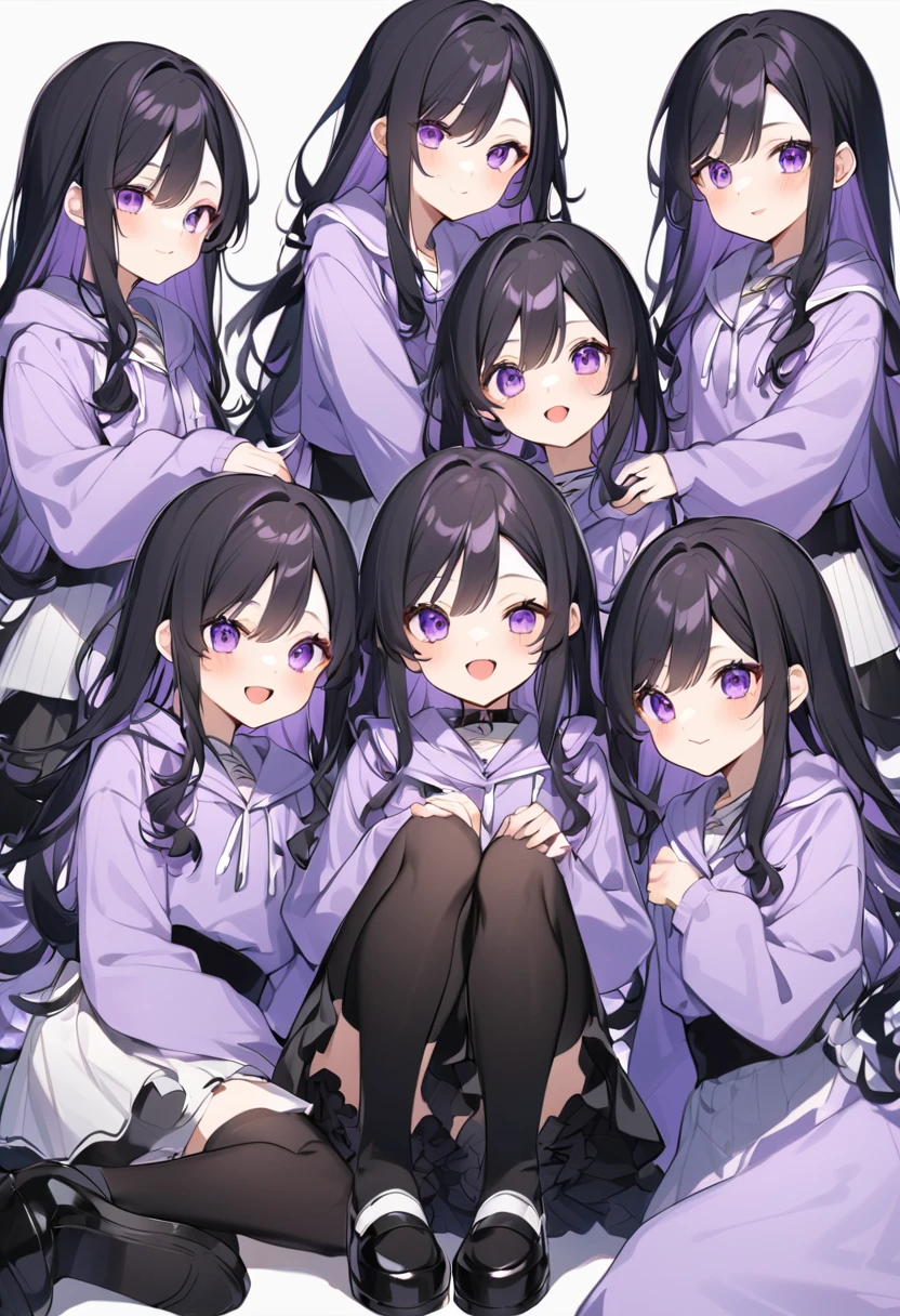 Keito。Purple hoodie。Black Skirt。Purple Eyes。Black Hair。Black shoes下。Black shoes。6 sistery eldest daughter has lavender hair.。all female。Sextuplets