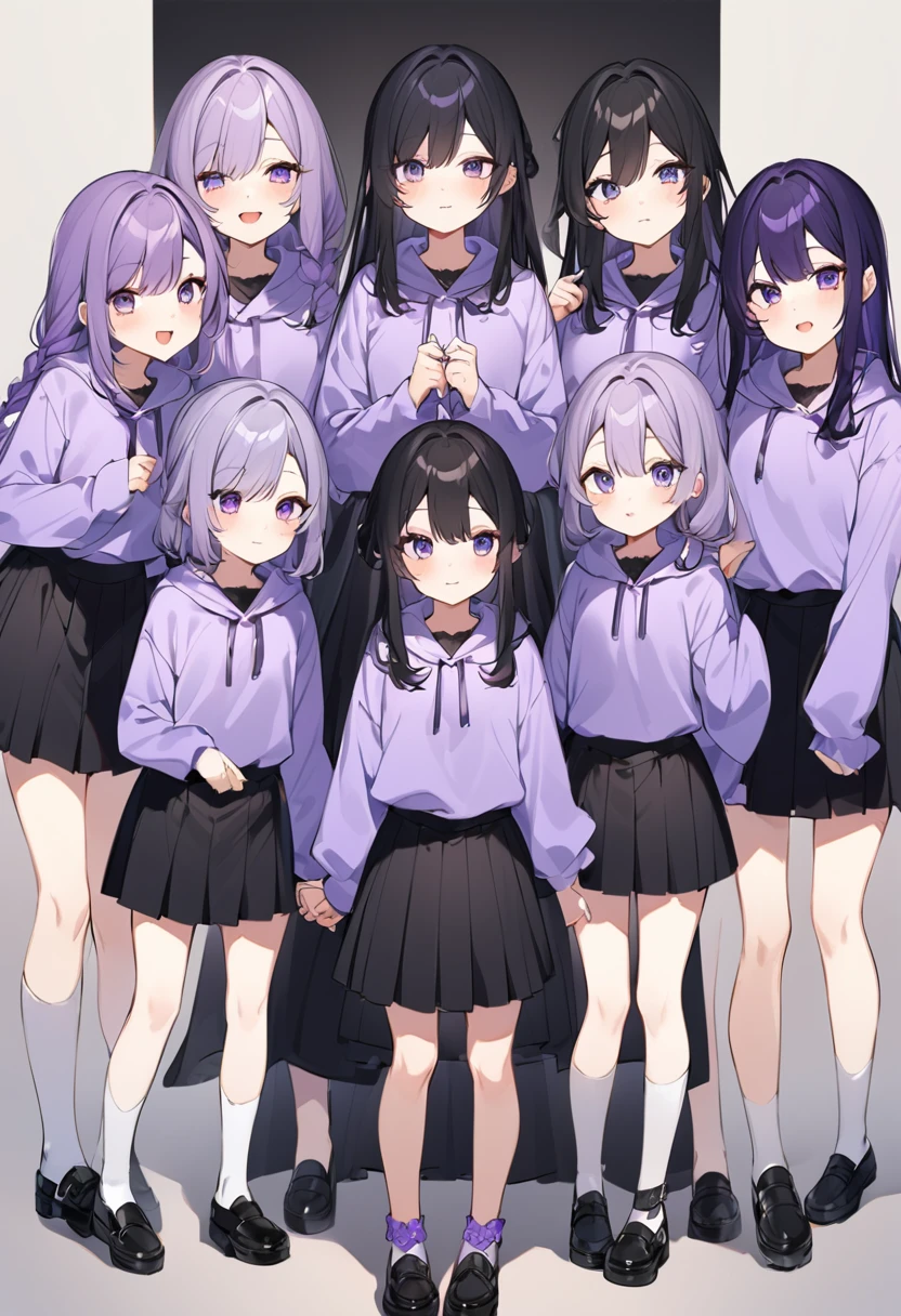 Keito。Purple hoodie。Black Skirt。Purple Eyes。Black Hair。Black shoes下。Black shoes。6 sistery eldest daughter has lavender hair.。all female。Sextuplets