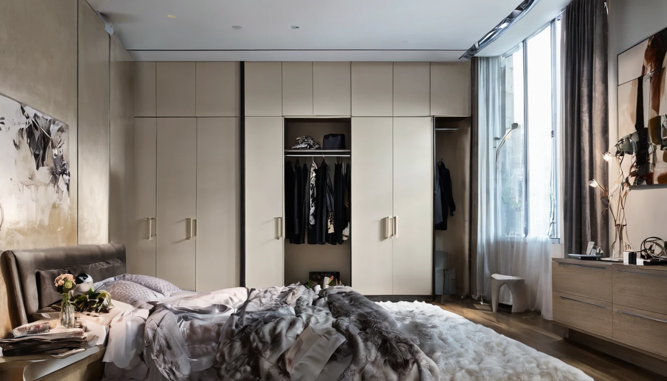 bedroom, bed, wardrobe, clothes on the bed, tense environment