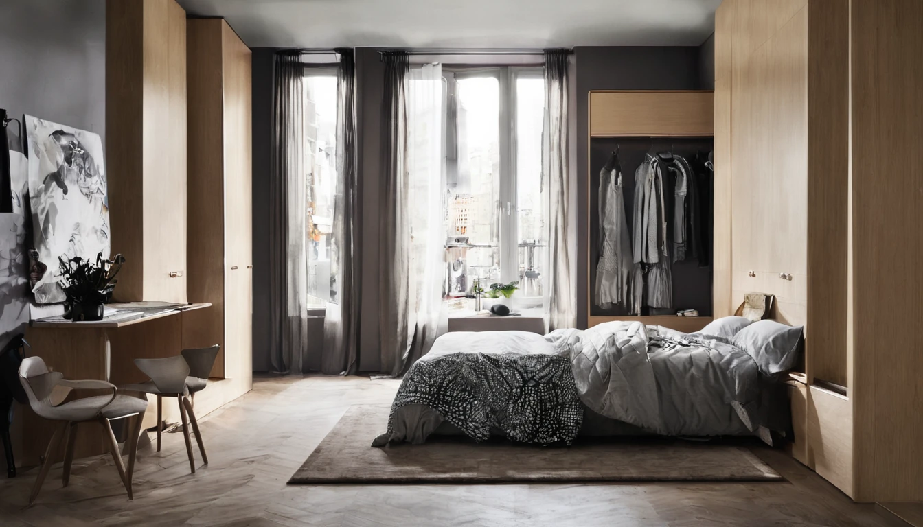 bedroom, bed, wardrobe, clothes on the bed, tense environment