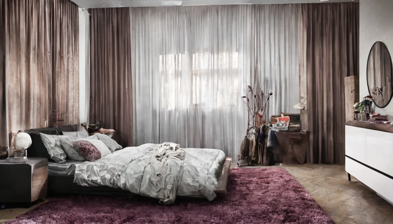 bedroom, bed, wardrobe, clothes on the bed, tense environment