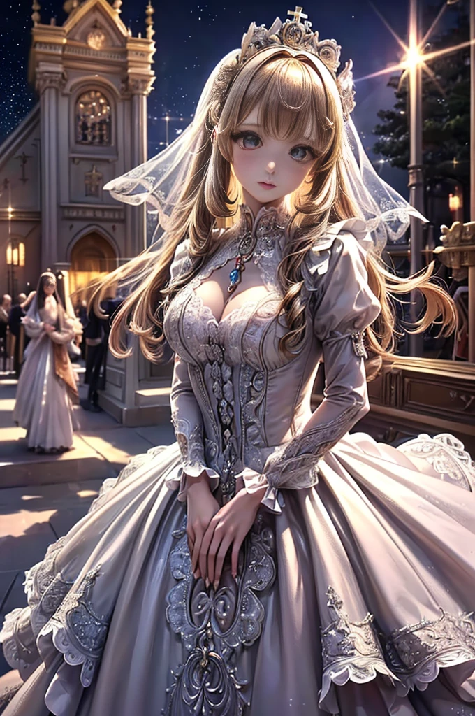 (((Dress Transparent Dress))), (((The dress features a voluminous hoop skirt and a long hem.、A gorgeous, incomparably gorgeous Rococo Victorian gown, Princess style skirt))), (ガウン shine まばゆいばかりに キラキラ 反射する プリズム状 透明 ガウン:1.2), (Gown A very elaborate gown:1.5), ((Huge breasts)), (Expressive hair), Very voluminous、Very long hair, bangs, Super delicate and beautiful face, Beautiful Lips, (Hyper Detail: Delicate and beautiful eyes), Cleavage, Beautiful smile, (((Young Face, Solo Enchanting Adorable Princess, Teenage Girl, pretty girl, very pretty girl))), (Anime Moe Art Style 1.3), (((masterpiece, Super detailed, Highest quality, Ultra-high resolution, Great quality, Exceptional Quality, Super detailed, Ultra-high resolution, Unity 16K, 32k, ultra photo Realistic))), (Face Focus, Eye focus, Realistic, Blurred Background, Lens flare, shine, Light caustic effect:1.5), (Background of the church at night:1.3), Put your hands together