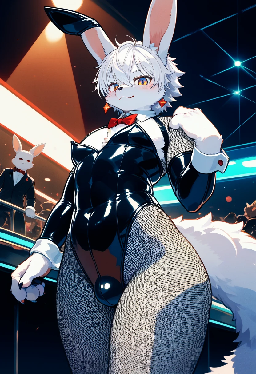 Highest quality, Highest quality, High quality illustrations, masterpiece, Ultra-high resolution, Detailed Background, club, Disco, Absurd, Perfect Anatomy, Performance, Good lighting, Shadows in the movie(kemono, Furry Personification), Rubber suit, Rubber Suit, latex, Earrings, Bunny Suit, Fishnet tights, male, White Skin, null bulge