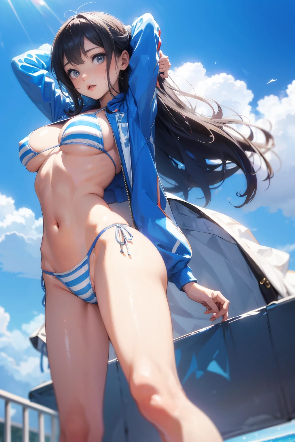 Super big breasts、High leg striped bikini、Blue and white horizontal striped bikini、Ultra glossy、sneakers、Detailed picture、girl、25-year-old woman、Dynamic and lively pose、Crotch line、Erect nipples