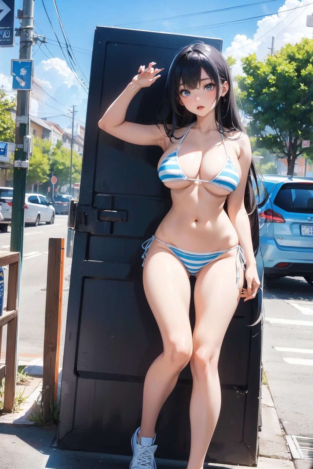 Super big breasts、High leg striped bikini、Blue and white horizontal striped bikini、Ultra glossy、sneakers、Detailed picture、girl、25-year-old woman、Dynamic and lively pose、Crotch line、Erect nipples