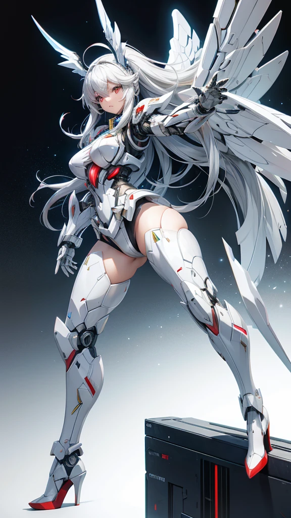 White long hair mecha girl,White armor,Cybernetic wing Mechanical wing,briefs,Thin legs,high heels,frontal pose,Cyberpunk city