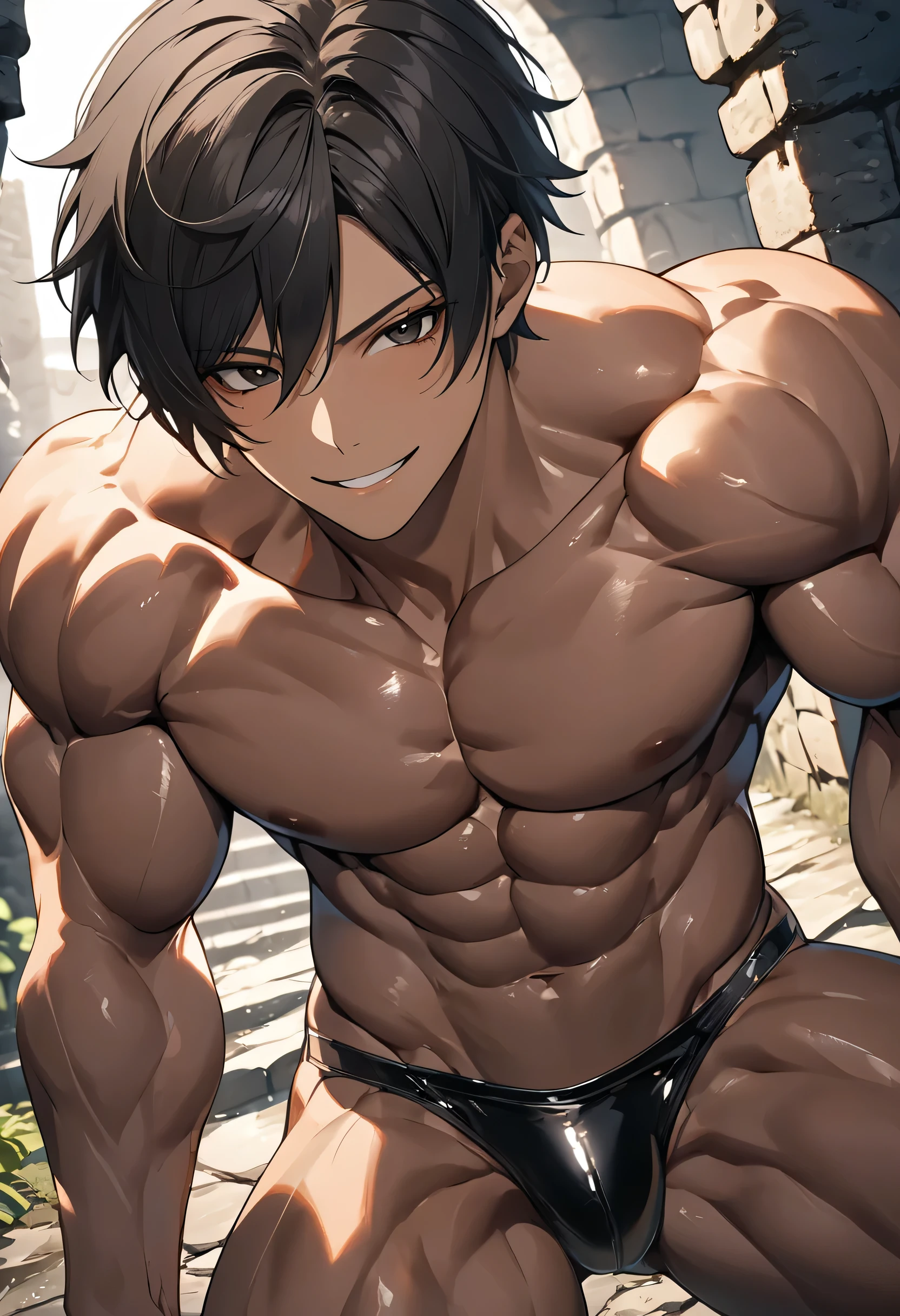 high quality, detailed, (22 years old japanese idol wrestler boy), (detailed black eyes), (black short hair), (muscle:1.5), (dark brown shiny skin:1.3), black tiny thong, bulge,(detailed ), yard, dungeon, (best quality,4k,8k,highres,masterpiece:1.2), smirk, face close up,