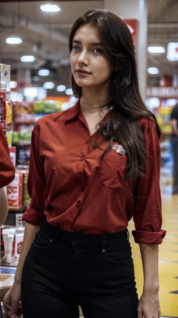 Minimarket employees wear red shirts and black jeans, perfect face, ultra hd, Realistic.