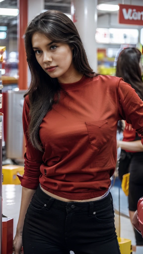 Minimarket employees wear red shirts and black jeans, perfect face, ultra hd, Realistic.