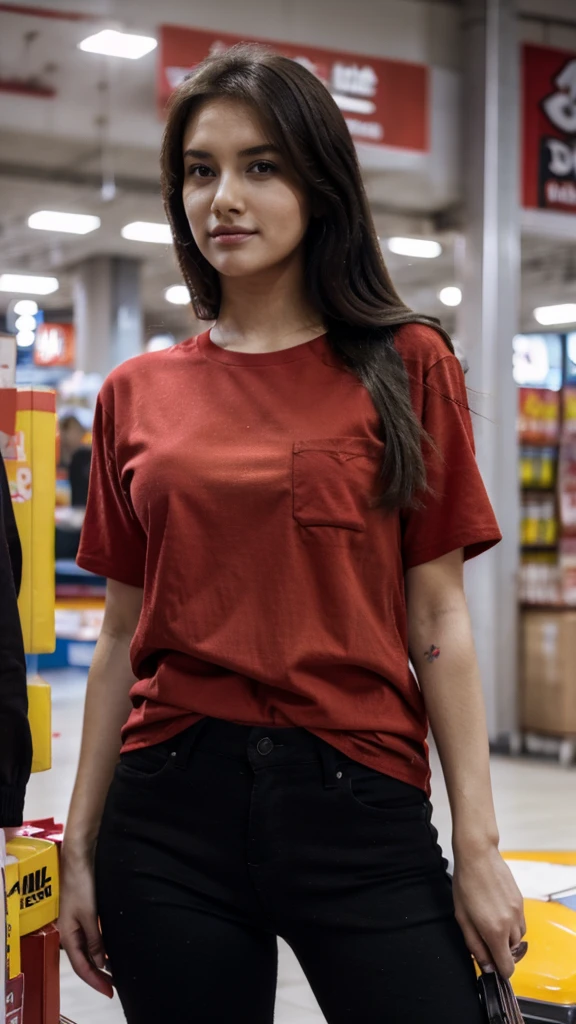 Minimarket employees wear red shirts and black jeans, perfect face, ultra hd, Realistic.