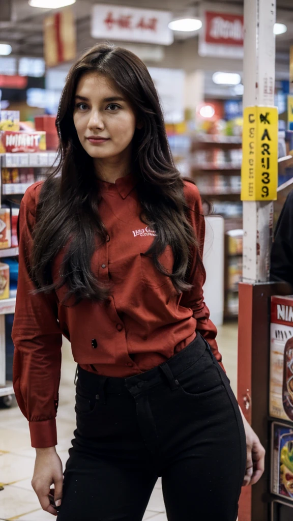 Minimarket employees wear red shirts and black jeans, perfect face, ultra hd, Realistic.