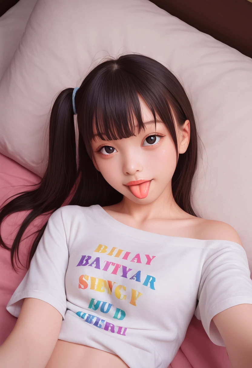 ollarbone,pastel colors t-shirt,off-shoulder look,bare shoulder,midriff peek,micro shorts,open mouth,(tongue out:2),lying,Selfie,looking ahead,from above,front view,upper body,(1girl,Beautiful 14 year old girl),((Slender,Small breasts,Small face,)),looking at viewer,Black Hair,bangs,one side up,Beautiful and detailed,Mischievous smile,Dimly lit room,Simple Background,bed,pillow,best quality