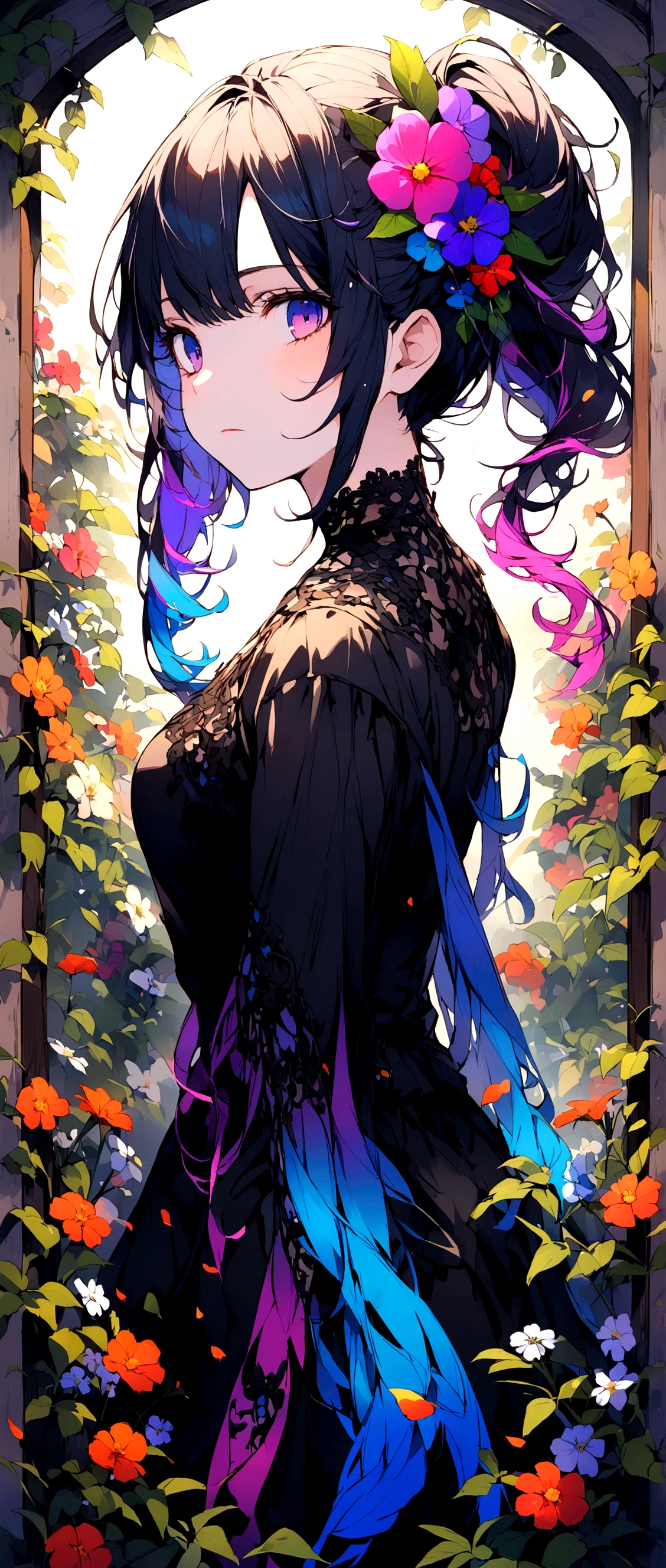 Colorful hair colors、long、Grating、Expressionless、Looking Back、Flower hair ornament on the left、Girl